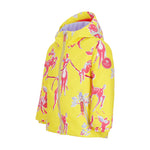Obermeyer Junior's Ashor Insulated Jacket 2025 - A bright yellow jacket with a repeating pattern of pink deer and flowers, featuring a zipper down the front.