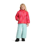 Obermeyer Junior's Ashor Insulated Jacket - A pink and white snowflake patterned jacket with a hood, worn by a young girl with blonde hair.