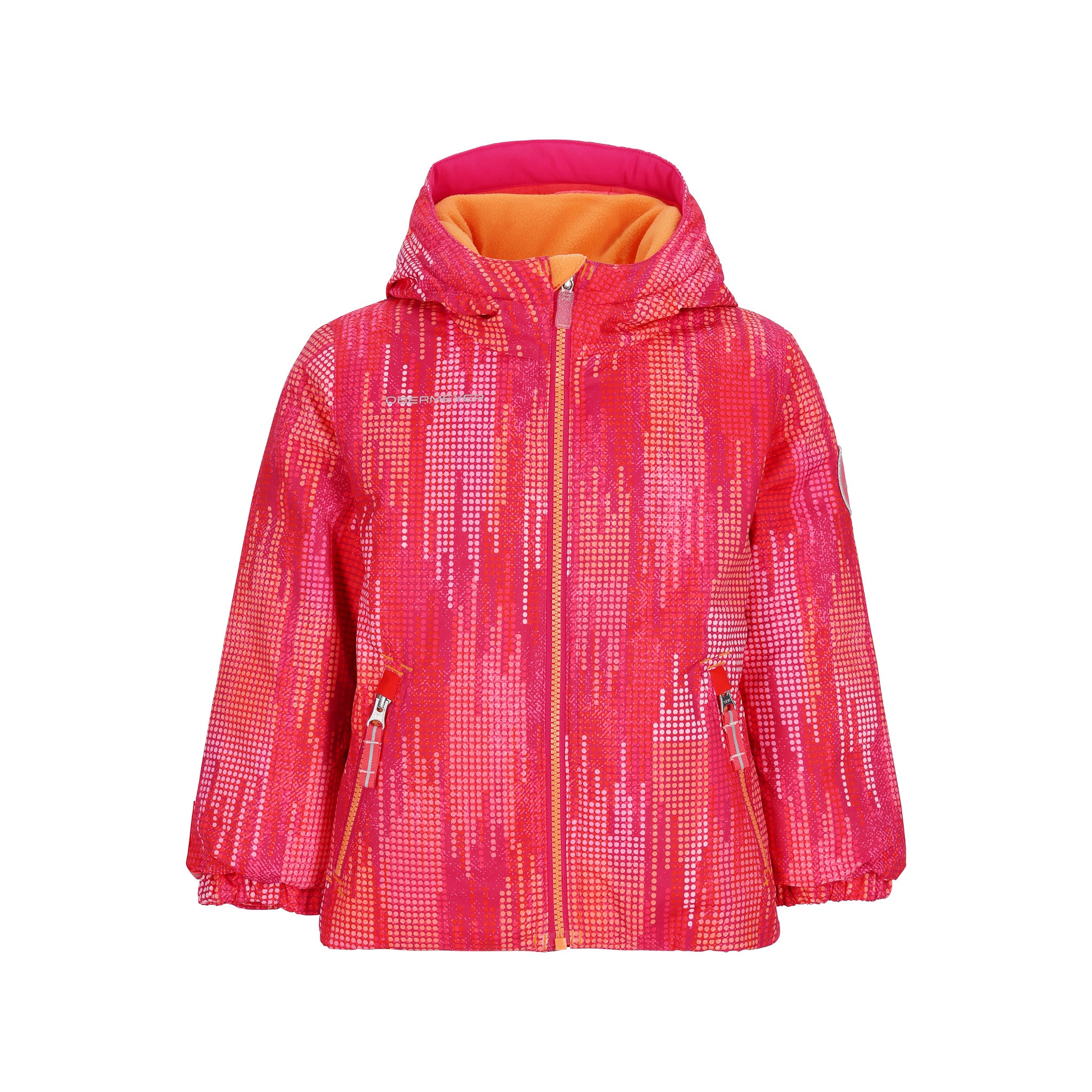 Obermeyer Junior's Ashor Insulated Jacket 2025 - A pink and orange jacket with a hood, featuring a pattern of small white dots on a gradient background.