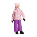Obermeyer Junior's Ashor Insulated Jacket - A pink jacket with a white snowman and heart pattern, featuring a hood and zipper closure.