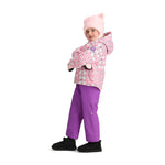 Obermeyer Junior's Ashor Insulated Jacket - A pink jacket with a white snowman and flower pattern, featuring a hood and zip closure.