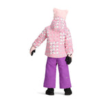 Obermeyer Junior's Ashor Insulated Jacket - A pink jacket with a repeating pattern of white snowmen, hearts, and bows.