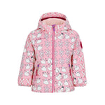 Obermeyer Junior's Ashor Insulated Jacket 2025 - A pink insulated jacket with a snowman and ski pattern, featuring a hood and zipper closure.