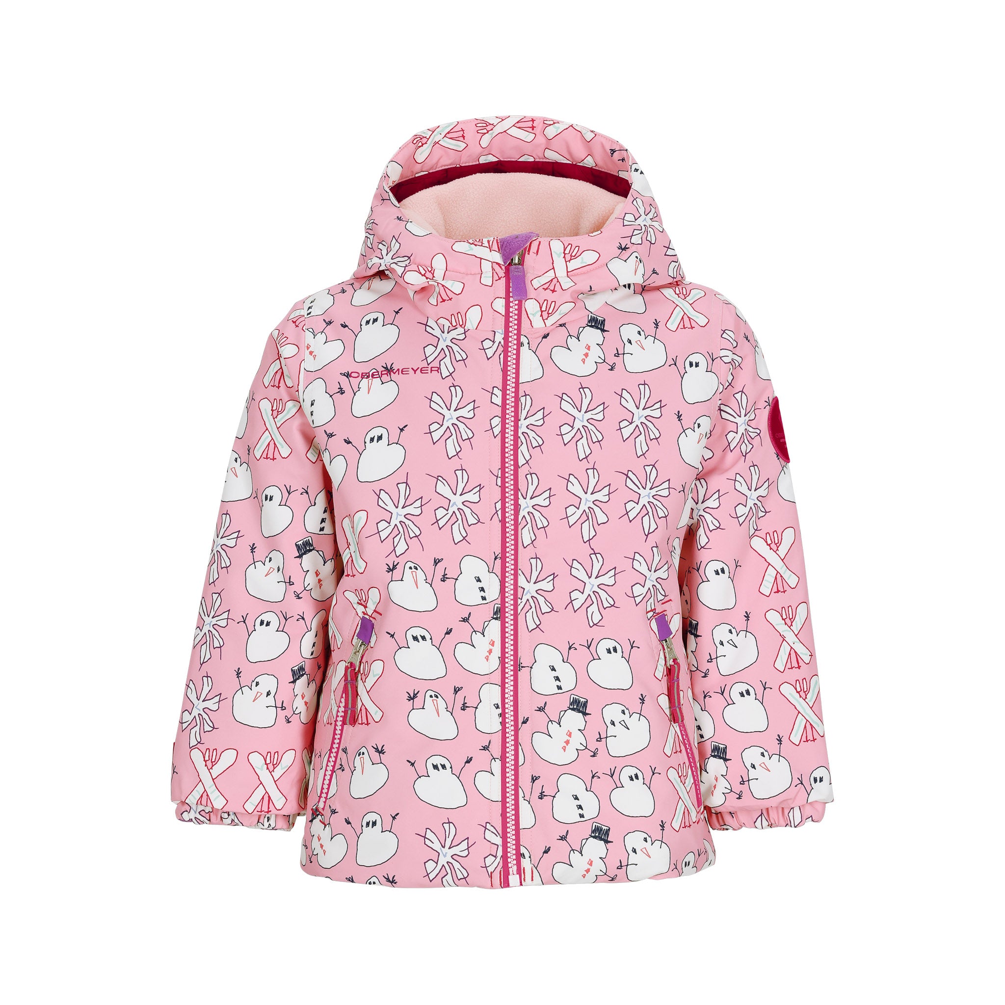 Obermeyer Junior's Ashor Insulated Jacket 2025 - A pink insulated jacket with a snowman and ski pattern, featuring a hood and zipper closure.