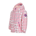 Obermeyer Junior's Ashor Insulated Jacket 2025 - A pink jacket with a repeating pattern of white snowmen and bows, featuring a purple zipper pull on the front.