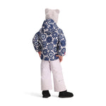 Obermeyer Junior's Ashor Insulated Jacket - A blue and white floral patterned jacket with a hood, worn by a model on a plain background.