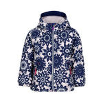Obermeyer Junior's Ashor Insulated Jacket 2025 - A navy blue jacket with a white snowflake pattern and a hood, featuring two zippered pockets on either side.