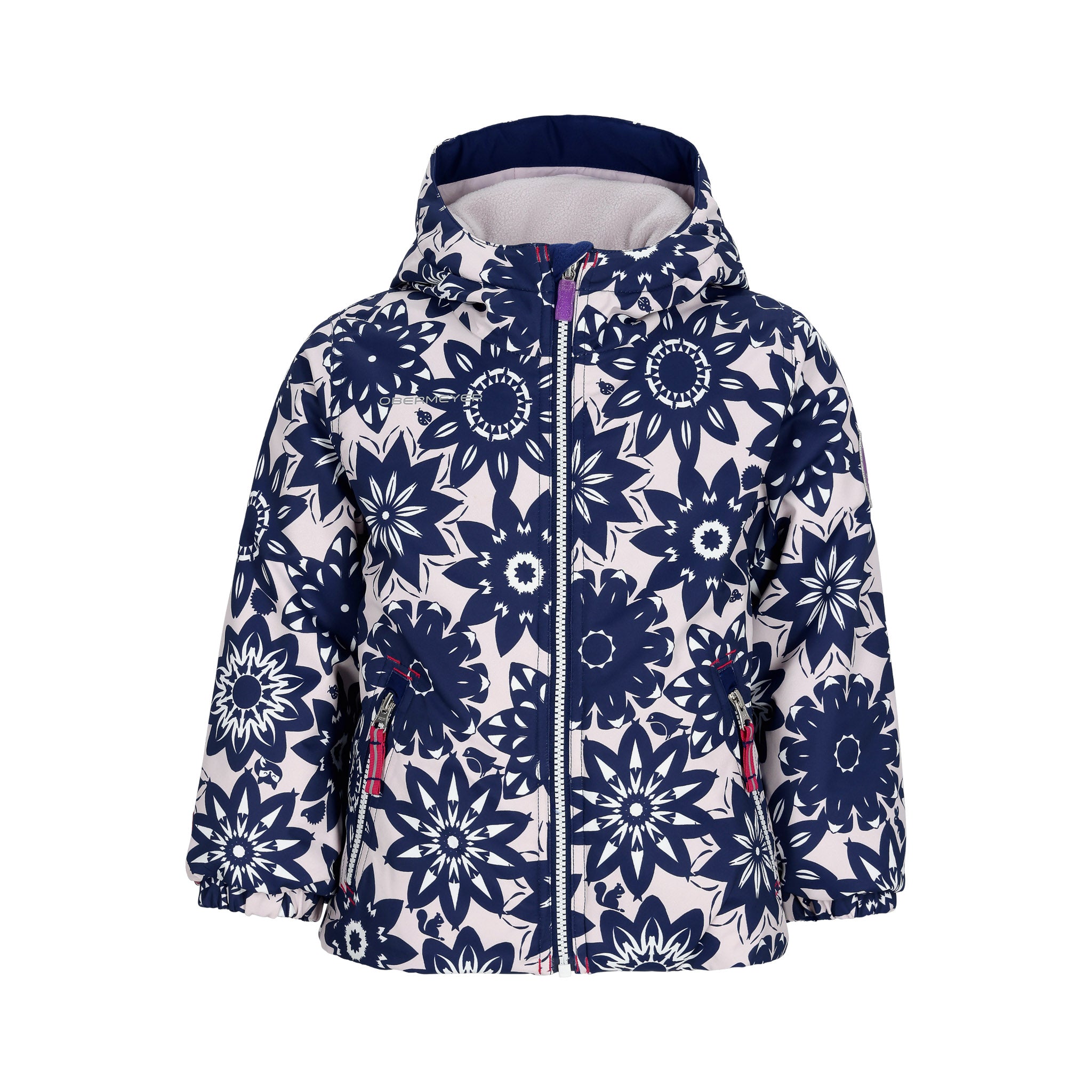 Obermeyer Junior's Ashor Insulated Jacket 2025 - A navy blue jacket with a white snowflake pattern and a hood, featuring two zippered pockets on either side.