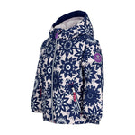 Obermeyer Junior's Ashor Insulated Jacket 2025 - A navy blue jacket with a white floral pattern and purple zipper pull, featuring a hood and two zippered pockets on the front.