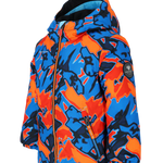 Obermeyer Junior's Ashor Insulated Jacket 2025 - A blue and orange camouflage patterned jacket with a black hood, featuring an adjustable Velcro strap at the waist.