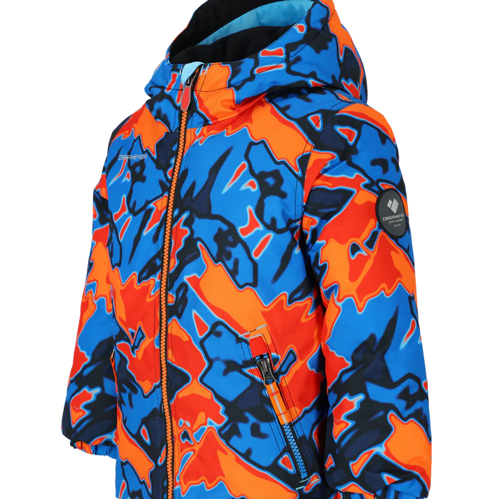 Obermeyer Junior's Ashor Insulated Jacket 2025 - A blue and orange camouflage patterned jacket with a black hood, featuring an adjustable Velcro strap at the waist.