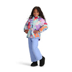 Obermeyer Junior's Ashor Insulated Jacket - A light blue jacket with a purple and pink floral pattern, featuring a zipper down the front.