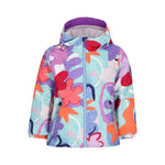 Obermeyer Junior's Ashor Insulated Jacket 2025 - A light blue jacket with a purple hood and red zipper, featuring an abstract floral pattern in shades of pink, orange, white, and navy.