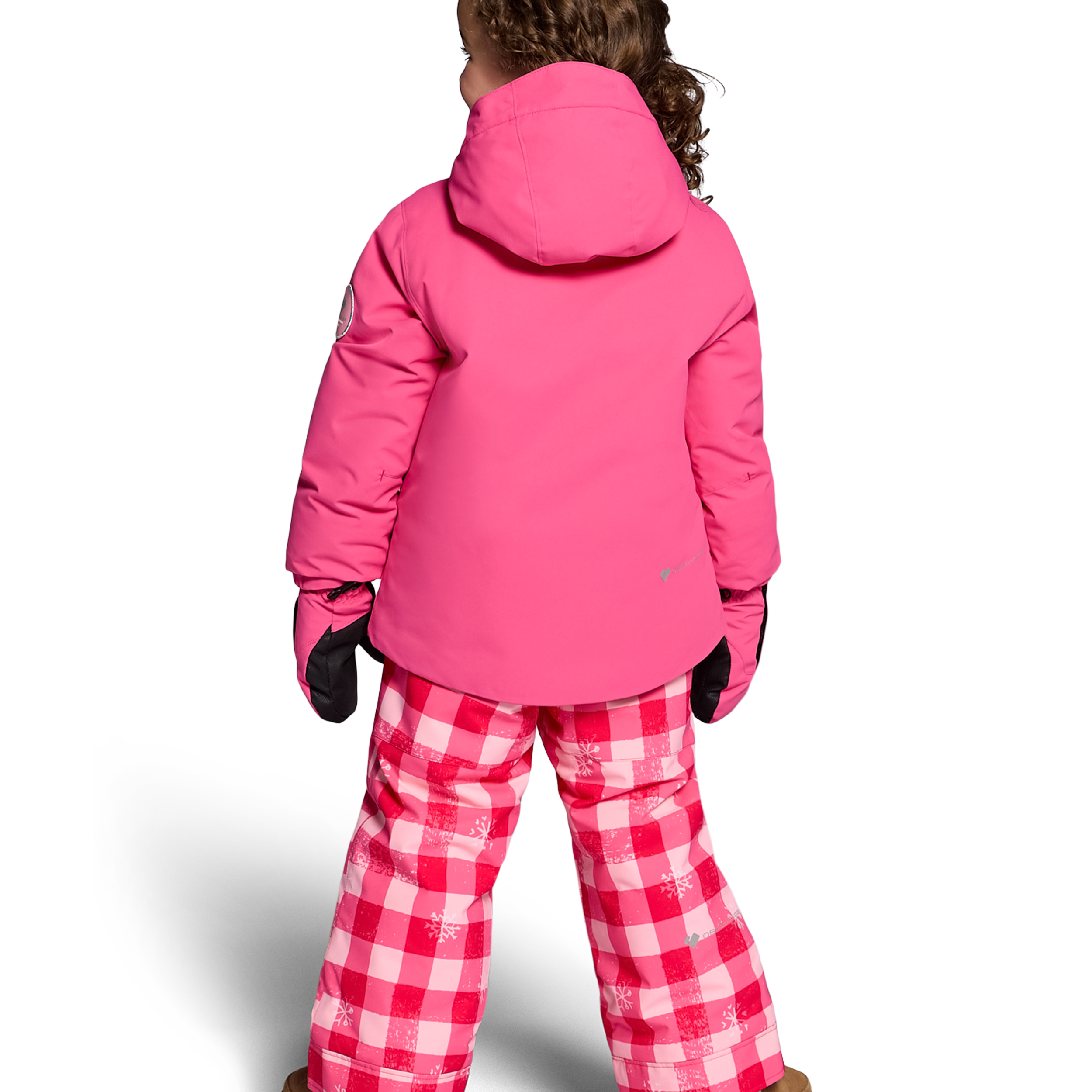 Girls' pink insulated jacket rear view with attached hood