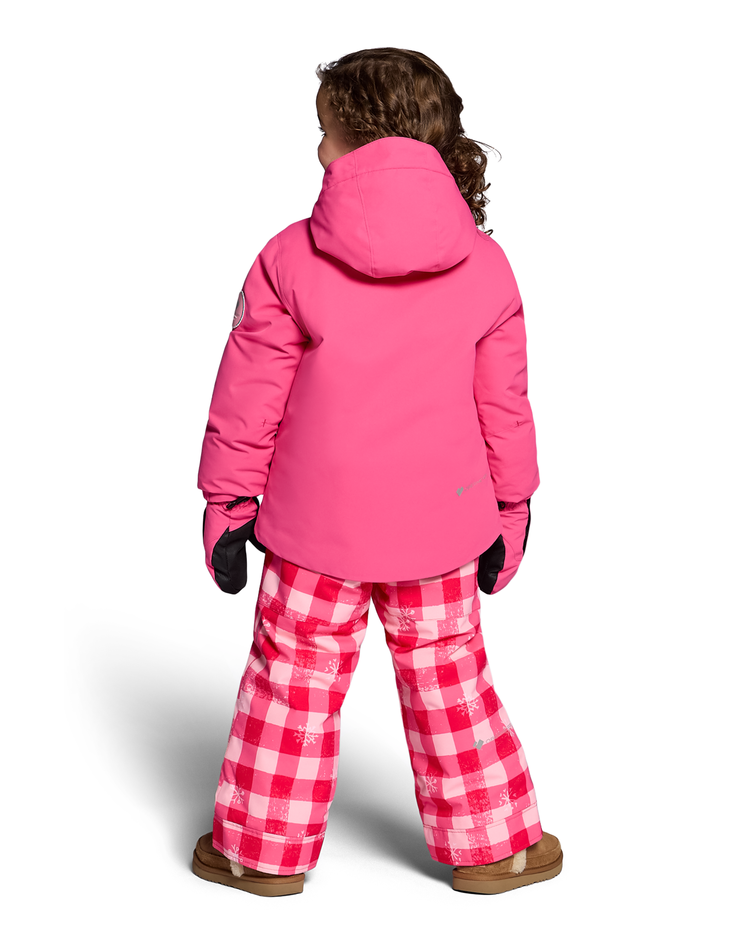 Girls' pink insulated jacket rear view with attached hood