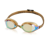 Speedo Speed Socket 2.0 Mirrored Swim Goggle - A pair of mirrored swim goggles with a gold frame and strap, featuring a reflective lens that provides clear underwater vision.