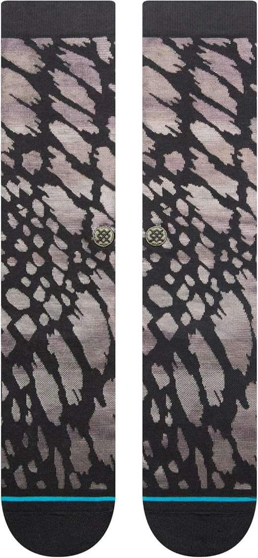 REPTILIOUS CREW SOCK 2024 - A pair of crew socks with a reptile skin pattern in shades of brown and tan.