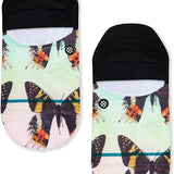 Stance Women's Fly By No Show Sock 2023 - A pair of no-show socks with a light green background and a repeating pattern of orange, black, and yellow butterflies.