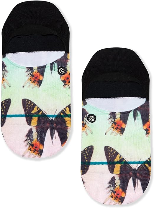 Stance Women's Fly By No Show Sock 2023 - A pair of no-show socks with a light green background and a repeating pattern of orange, black, and yellow butterflies.