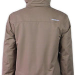Boulder Gear Teton Insulated Jacket 2024 - A tan insulated jacket with a hood, featuring two zippered chest pockets and adjustable cuffs.