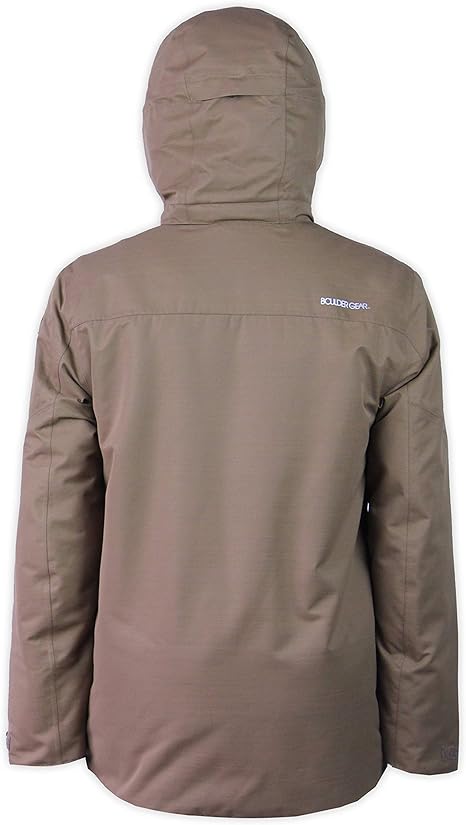 Boulder Gear Teton Insulated Jacket 2024 - A tan insulated jacket with a hood, featuring two zippered chest pockets and adjustable cuffs.