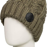 Roxy Women's Tram Beanie 2023 - A tan beanie with a black logo on the front.