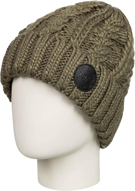Roxy Women's Tram Beanie 2023 - A tan beanie with a black logo on the front.