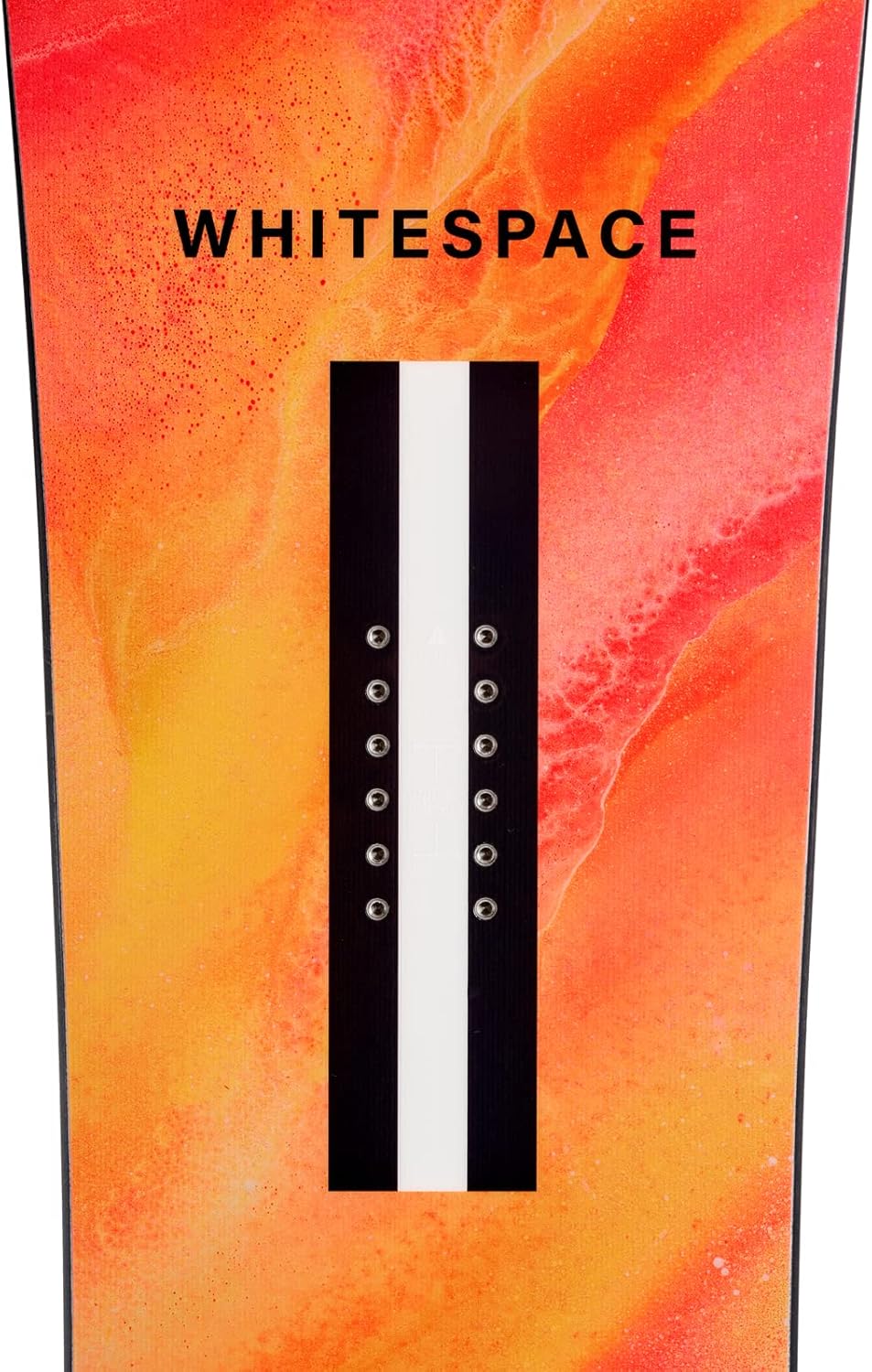 Whitespace Powder - A vibrant snowboard with a striking orange, yellow, and pink marbled pattern on its surface.