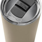 CamelBak Horizon Tumbler 20 Oz 2022 - A tan tumbler with a black lid and a small hole in its center.
