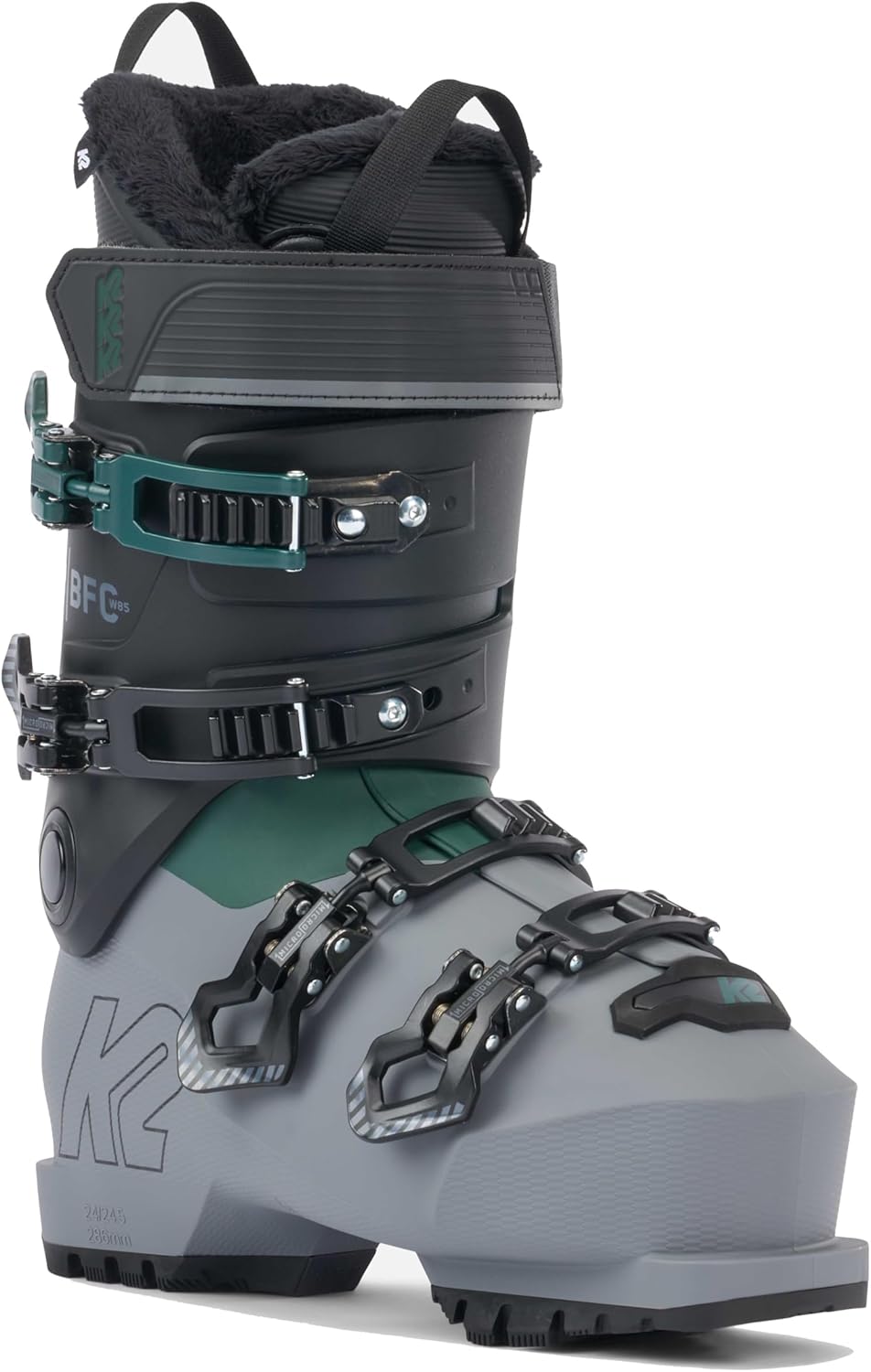 K2 Women's BFC 85 ski boot 2024 features a gray and green color scheme with prominent black straps.