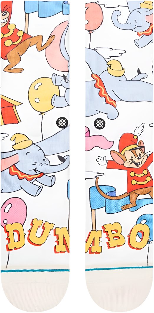 Stance Disney 100 Dumbo By Travis Millard Crew Sock - A pair of crew socks featuring an illustration of Dumbo flying with a circus tent in the background.