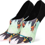 Stance Women's Fly By No Show Sock 2023 - A pair of no-show socks with a light green background and an abstract design featuring orange, yellow, and black shapes.