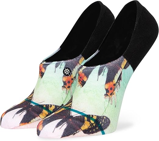 Stance Women's Fly By No Show Sock 2023 - A pair of no-show socks with a light green background and an abstract design featuring orange, yellow, and black shapes.