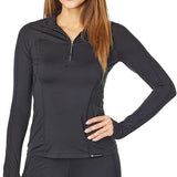 Obermeyer Women's DISCOVER 1/4 ZIP TOP 2022 - Black top with a quarter zip and thumbholes at cuffs.