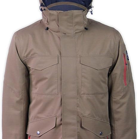 Boulder Gear Teton Insulated Jacket 2024 - A tan jacket with a navy-blue lining visible through the zipper opening.