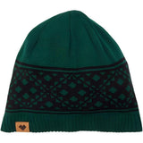 Obermeyer Anchorage Beanie - Men's beanie with a dark green and black color block pattern, featuring a brown leather logo patch on the front.