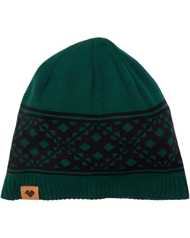 Obermeyer Anchorage Beanie - Men's beanie with a dark green and black color block pattern, featuring a brown leather logo patch on the front.