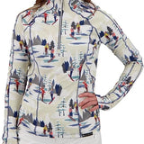 Obermeyer Women's DISCOVER 1/4 ZIP TOP 2022 - White zip-up top with a repeating pattern of skiers and trees in shades of red, blue, yellow, and gray.