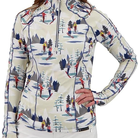 Obermeyer Women's DISCOVER 1/4 ZIP TOP 2022 - White zip-up top with a repeating pattern of skiers and trees in shades of red, blue, yellow, and gray.