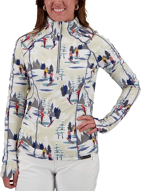 Obermeyer Women's DISCOVER 1/4 ZIP TOP 2022 - White zip-up top with a repeating pattern of skiers and trees in shades of red, blue, yellow, and gray.