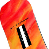 Whitespace Powder - A snowboard with a white base and black binding mounts.