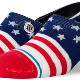 Stance Fourth St No Show Sock 2023 - Red socks with white stripes and blue heel.