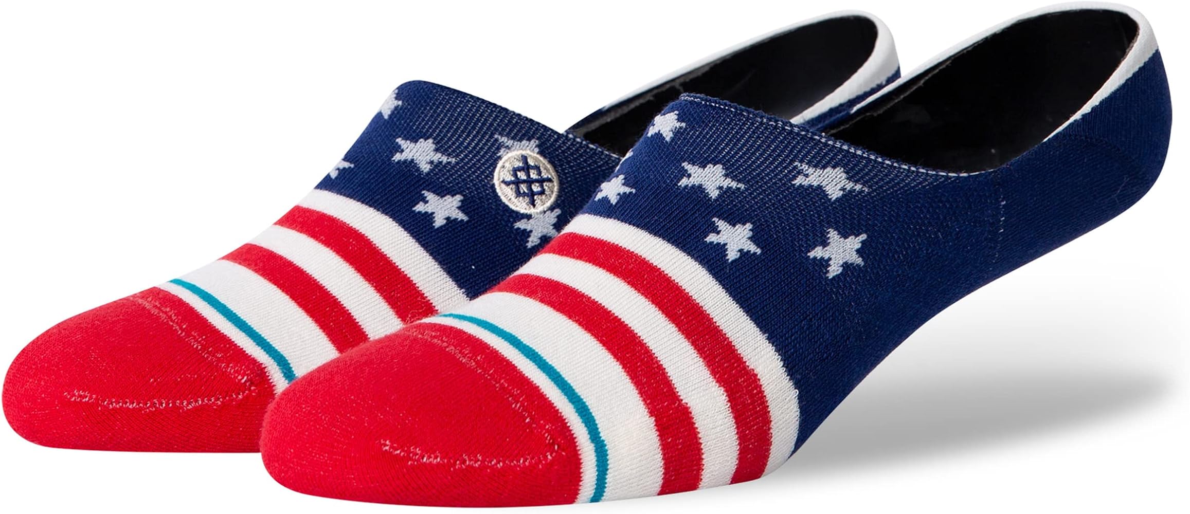 Stance Fourth St No Show Sock 2023 - Red socks with white stripes and blue heel.