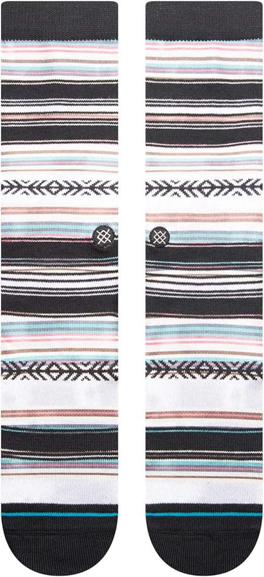 REYKIR CREW C SOCK MENS 2024 - A black crew sock with a repeating pattern of pastel pink, blue and brown stripes.