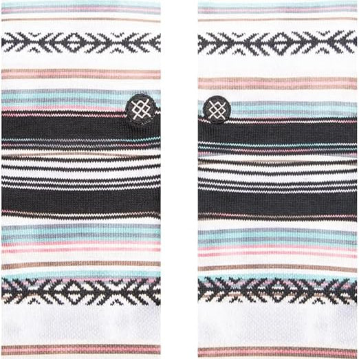 REYKIR CREW C SOCK MENS 2024 - A black crew sock with a repeating pattern of pastel pink, blue and brown stripes.