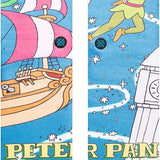 PETER PAN BY TRAVIS C SOCK 2023 - A pair of socks featuring Peter Pan flying above a city skyline at night, with a full moon in the sky and stars scattered throughout.