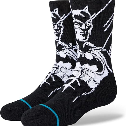 THE BATMAN KIDS CREW SOCK 2022 - A pair of black crew socks with a white Batman logo on the top portion.