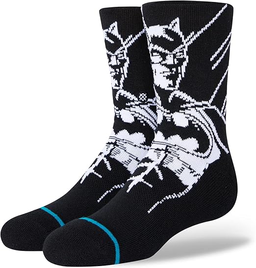 THE BATMAN KIDS CREW SOCK 2022 - A pair of black crew socks with a white Batman logo on the top portion.