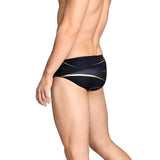 Speedo Infinite Pulse Brief Swimsuit - A black swimsuit with a white and yellow striped pattern on the front.