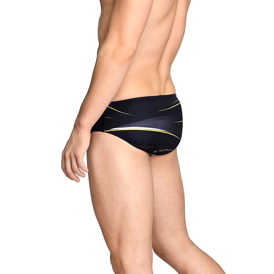 Speedo Infinite Pulse Brief Swimsuit - A black swimsuit with a white and yellow striped pattern on the front.
